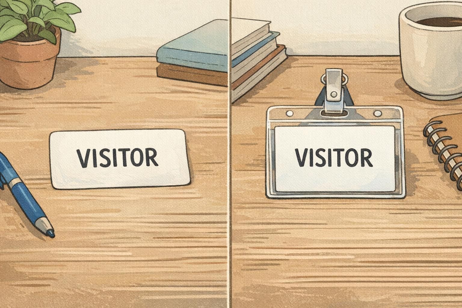 Desk comparison showing a disposable visitor sticker badge beside a reusable plastic visitor badge in a clear clip holder.