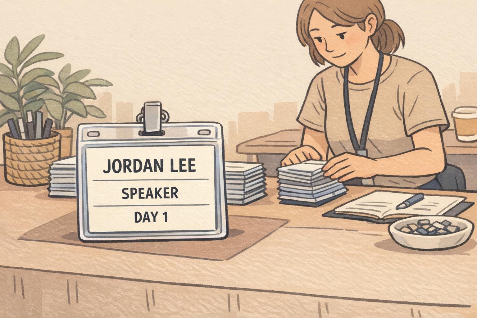 Event check-in table with staff arranging badges; a badge in a clear holder shows name, role, and day with wide margins around all text.