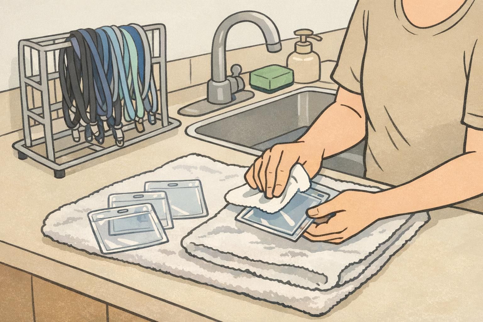 A staff member wiping clear plastic badge holders on a towel while several lanyards air-dry on a small rack so items can be reissued.