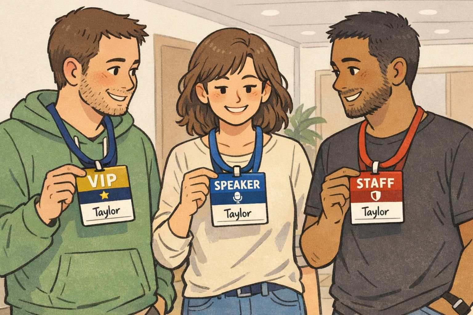 Three attendees compare badge designs: one wearing a VIP badge with a gold top band, one with a speaker badge with a blue band, and one with a staff badge with a red band.