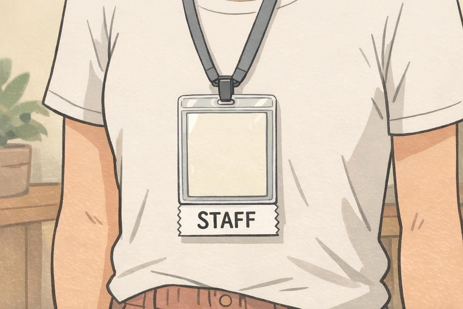 Close-up of a clear plastic badge holder on a lanyard with a single STAFF ribbon attached neatly below the holder.