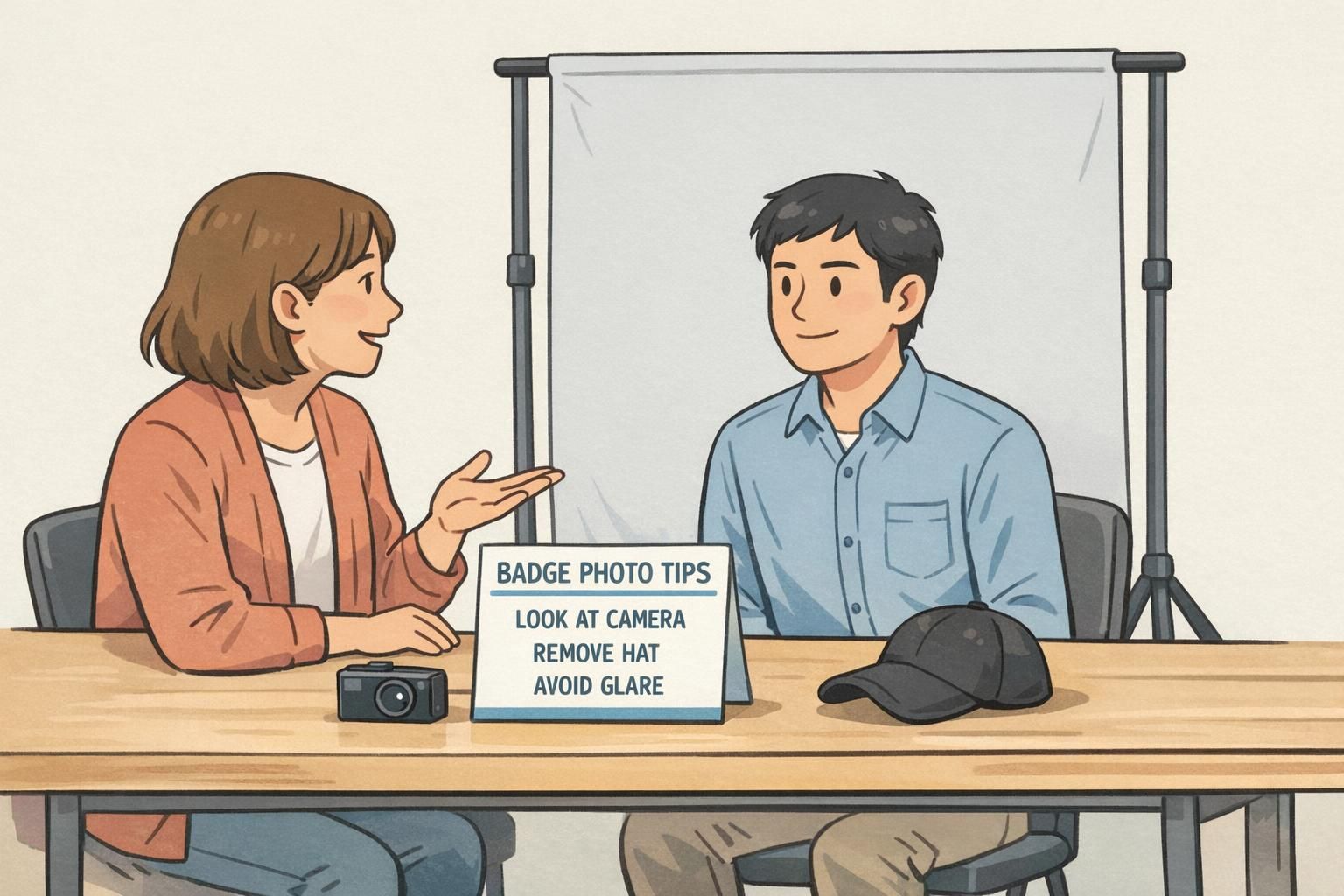 Supervisor coaches a new hire on badge photo tips in front of a standardized light-gray ID photo background to capture an acceptable employee headshot.
