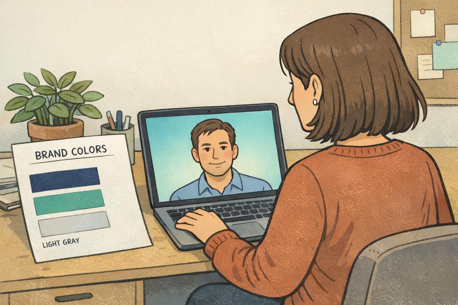 Communications manager views a subtle branded gradient behind an employee headshot on a laptop to test color contrast for badge printing.