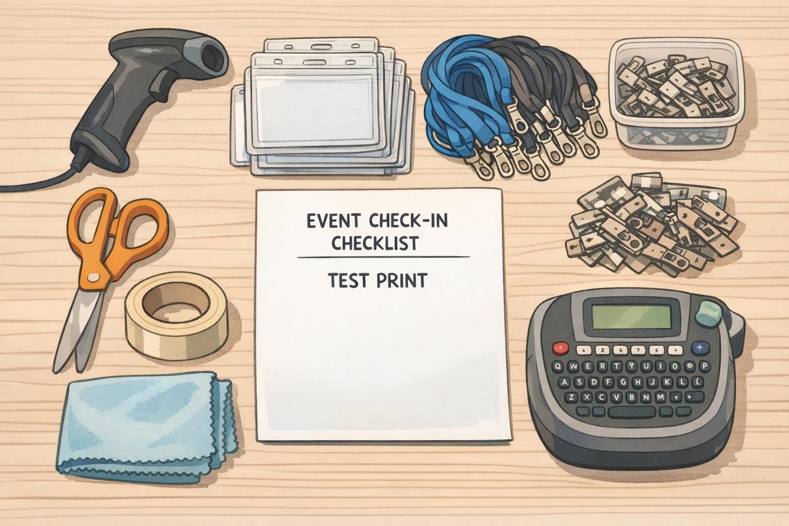 Overhead flat-lay of event registration supplies showing a barcode scanner, bundled lanyards, multiple badge holders, clips, a label maker, and organization tools.