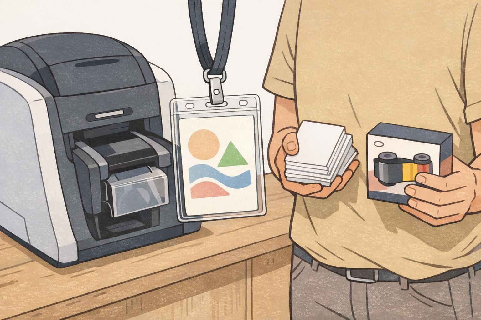 Close-up of a badge printer ejecting a freshly printed test badge beside stacked blank cards and a nearby ribbon box, ready for quick reprints.