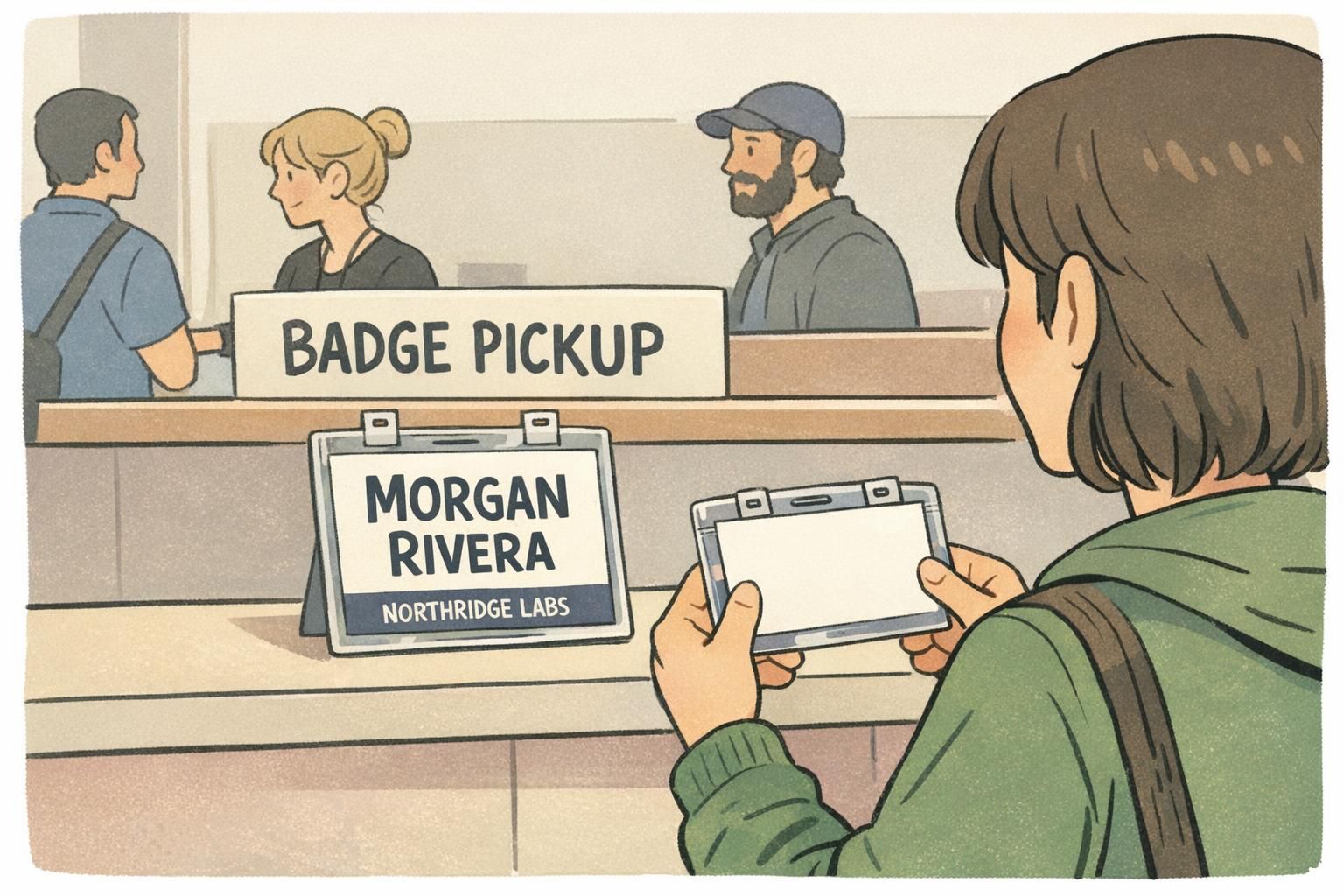 Attendee at a badge pickup counter comparing a sample insert that highlights a large name above a smaller organization line for easy scanning.