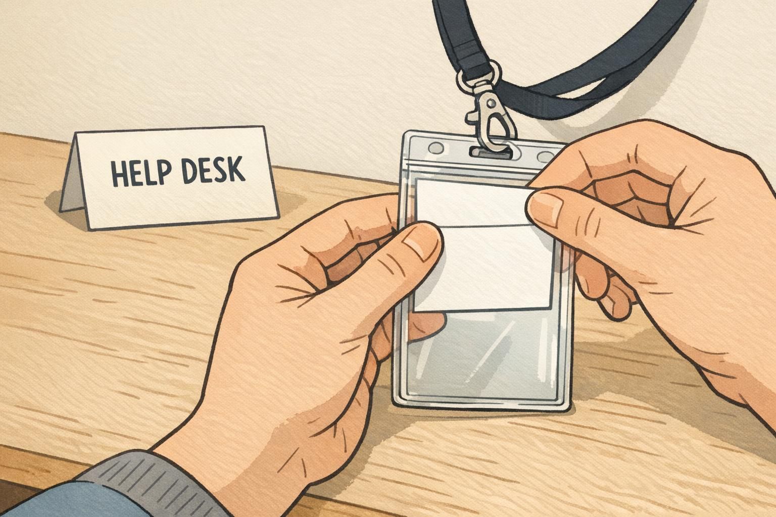 Close-up of hands inserting a new paper name insert into a clear vertical badge holder at a help desk for fast badge corrections.