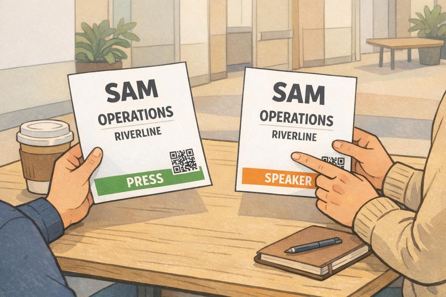 Two people reviewing trade show badge printouts at a table to compare name size, category color bars, QR placement, and overall readability.
