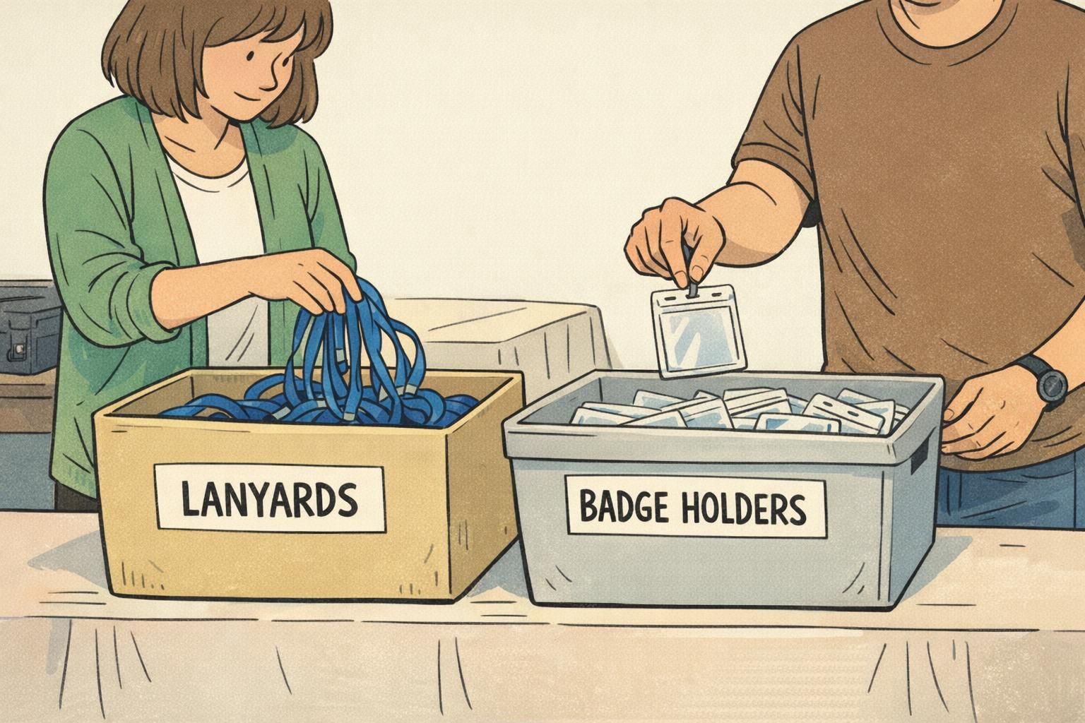 Two people at a registration teardown place worn lanyards and empty plastic holders into separate open containers to speed post-event organization.