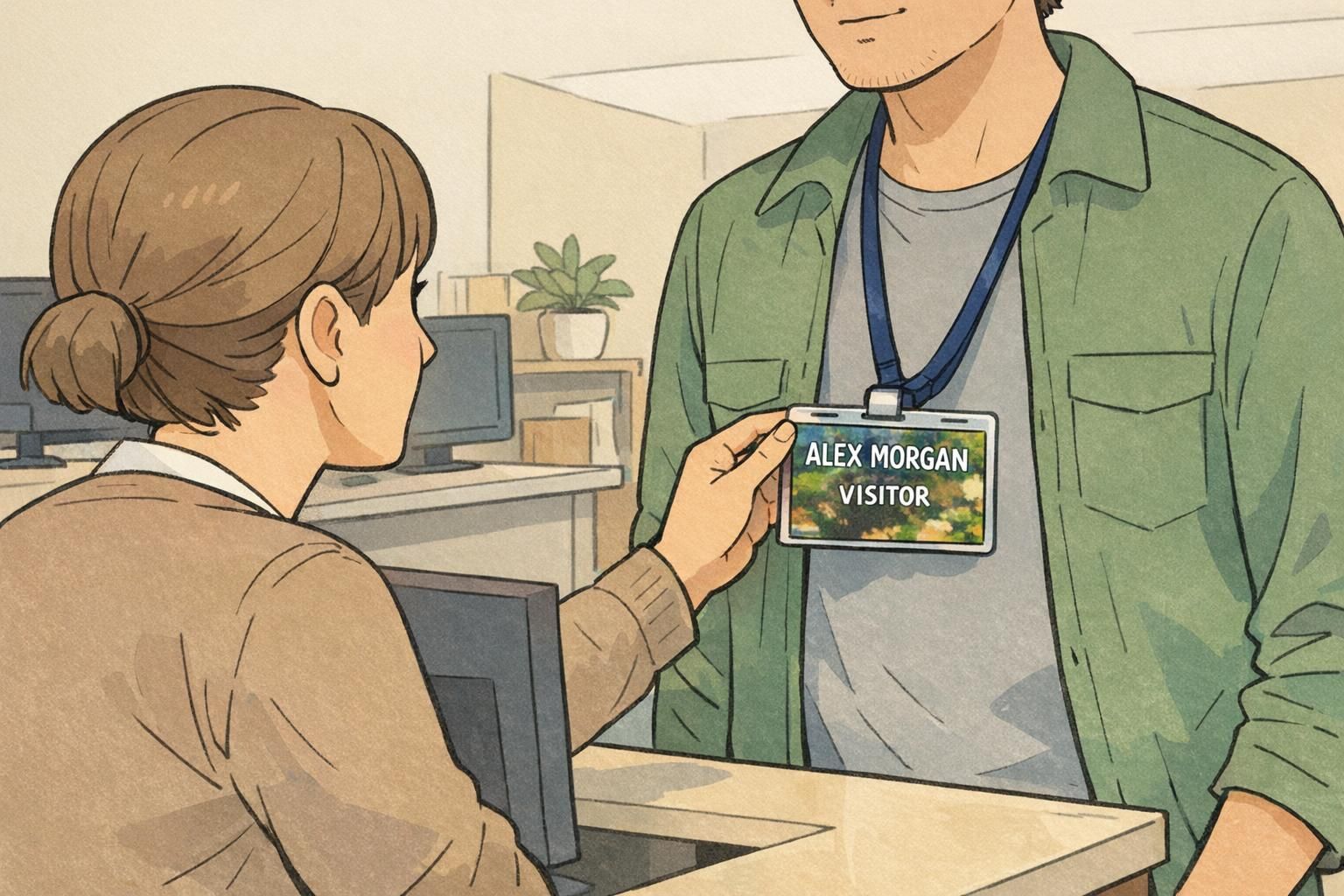 Reception staff struggling to read a visitor badge with a busy photo background, illustrating a failure in readable badge design at check-in.