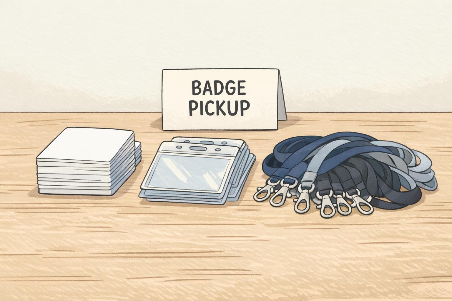 Close-up of neatly stacked blank event badges, clear badge holders, and lanyards on a badge pickup table ready for quick distribution.