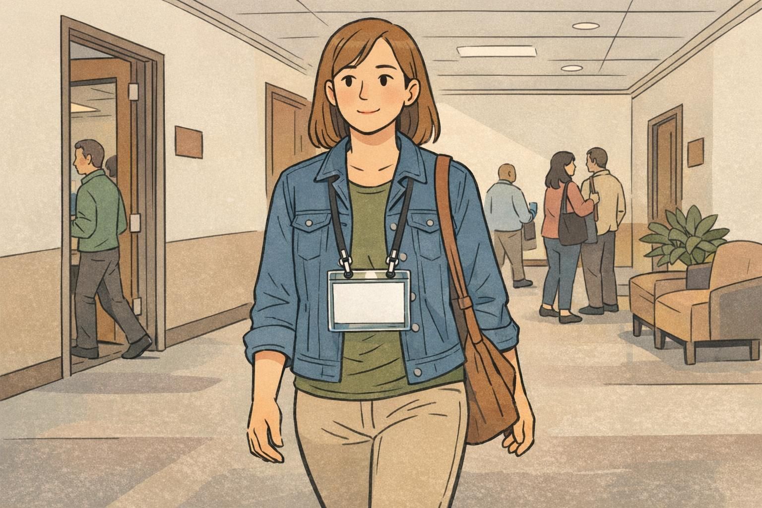 Conference attendee walking in a hallway wearing a clear horizontal holder attached to a double-ended lanyard for added lanyard comfort and forward-facing visibility.