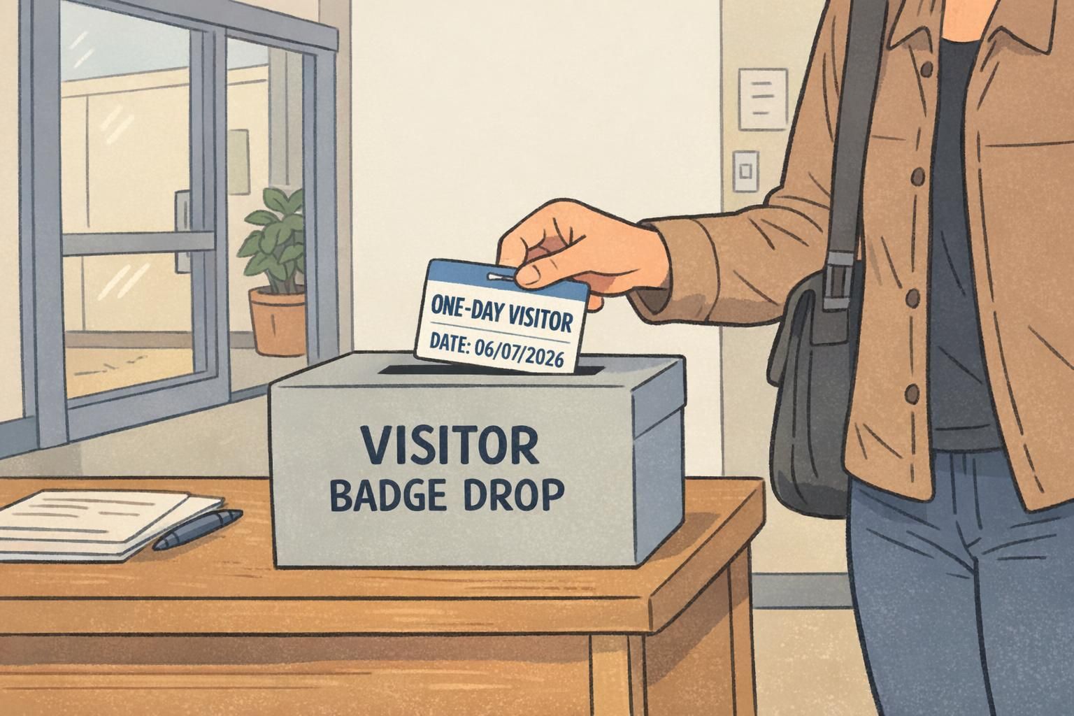 Visitor returning a one-day badge by dropping it into a clearly marked collection box at the exit.