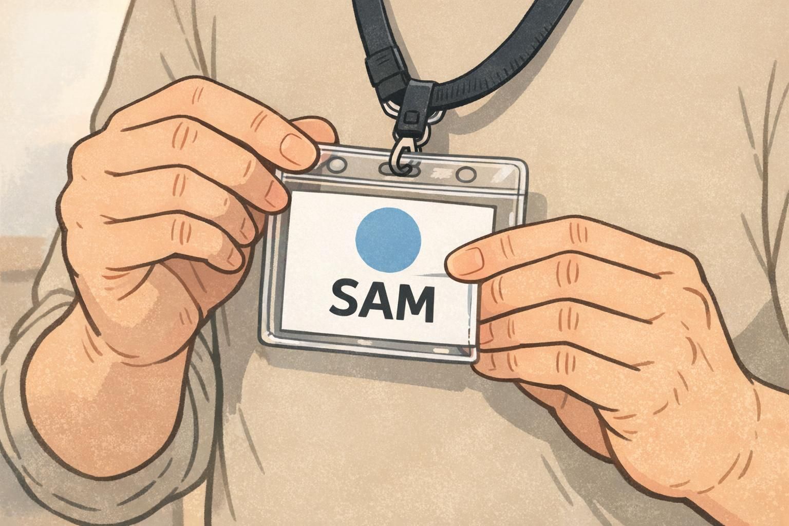Close-up of hands sliding a printed paper insert into a clear badge holder attached to a black lanyard, showing a large black name on a white insert.