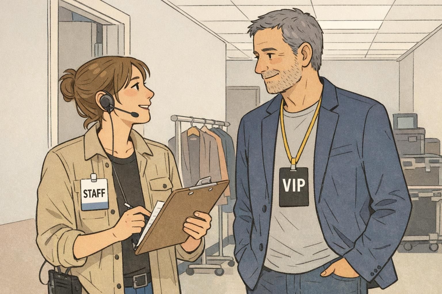 Backstage hallway where a coordinator talks with a guest wearing a VIP badge on a gold lanyard while the coordinator wears a staff badge.