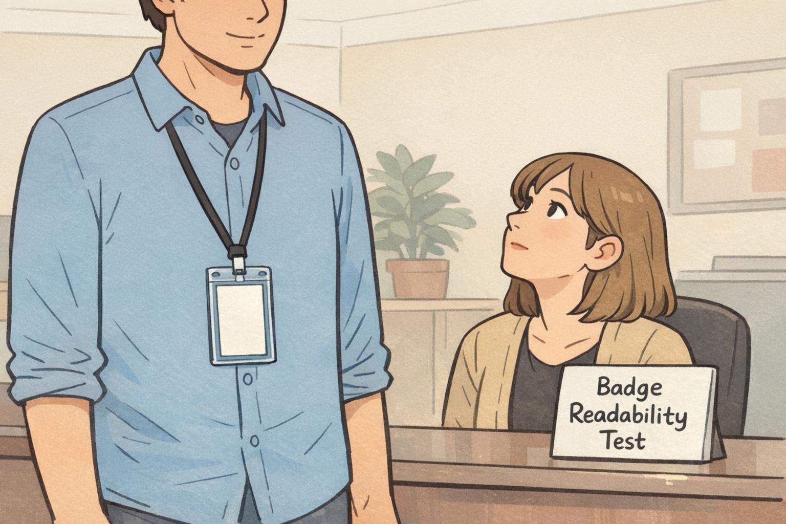 A reception interaction where staff quickly confirms a visitor’s vertical ID badge on a black lanyard under neutral indoor lighting.
