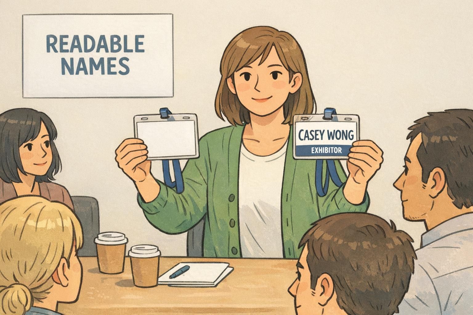 An organizer holds two badge mockups to compare a cluttered design with a clean layout that emphasizes a prominent name and a small category strip.