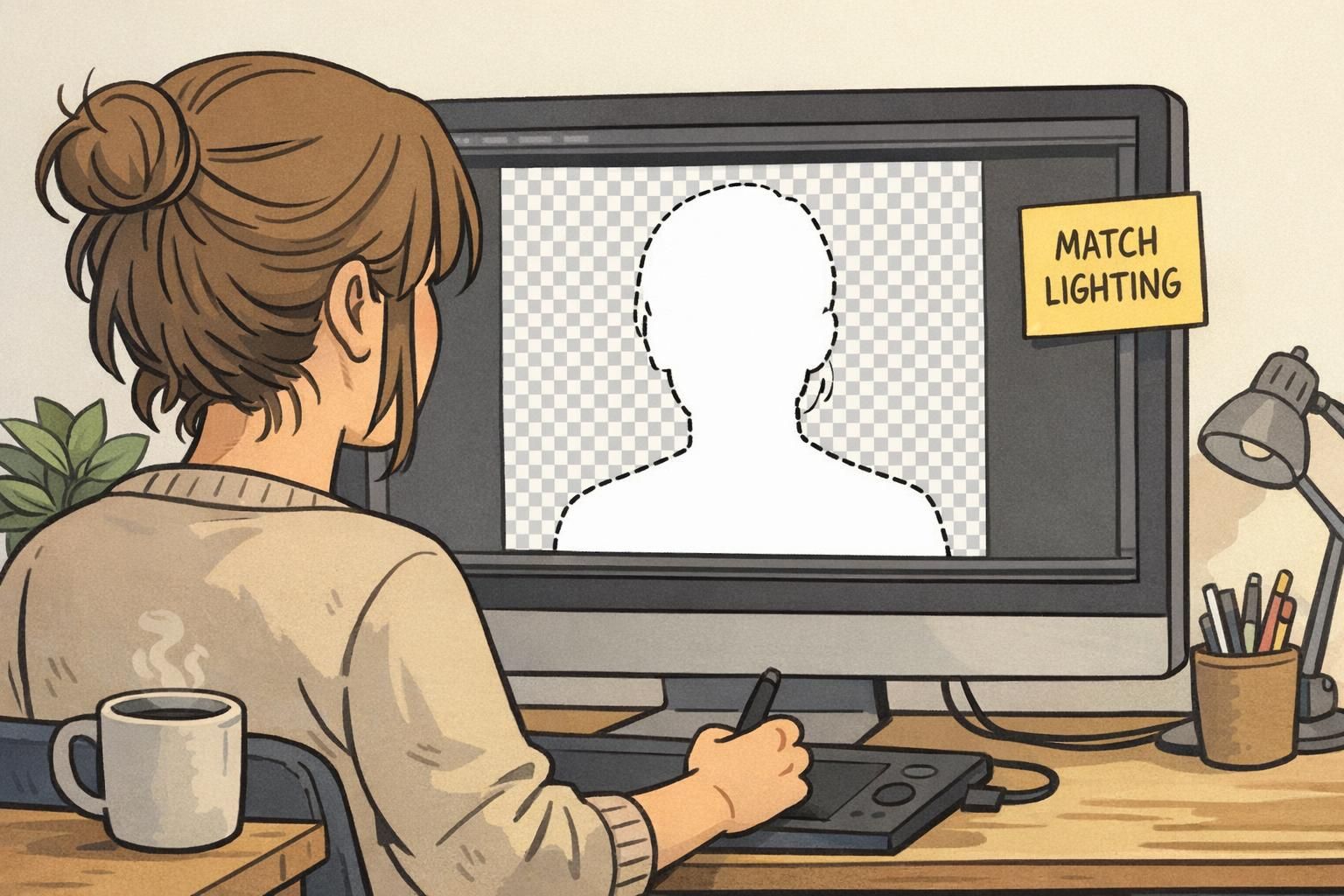 Designer creates a transparent background headshot cutout, checking edge cleanup and lighting to ensure the headshot fits multiple badge templates.