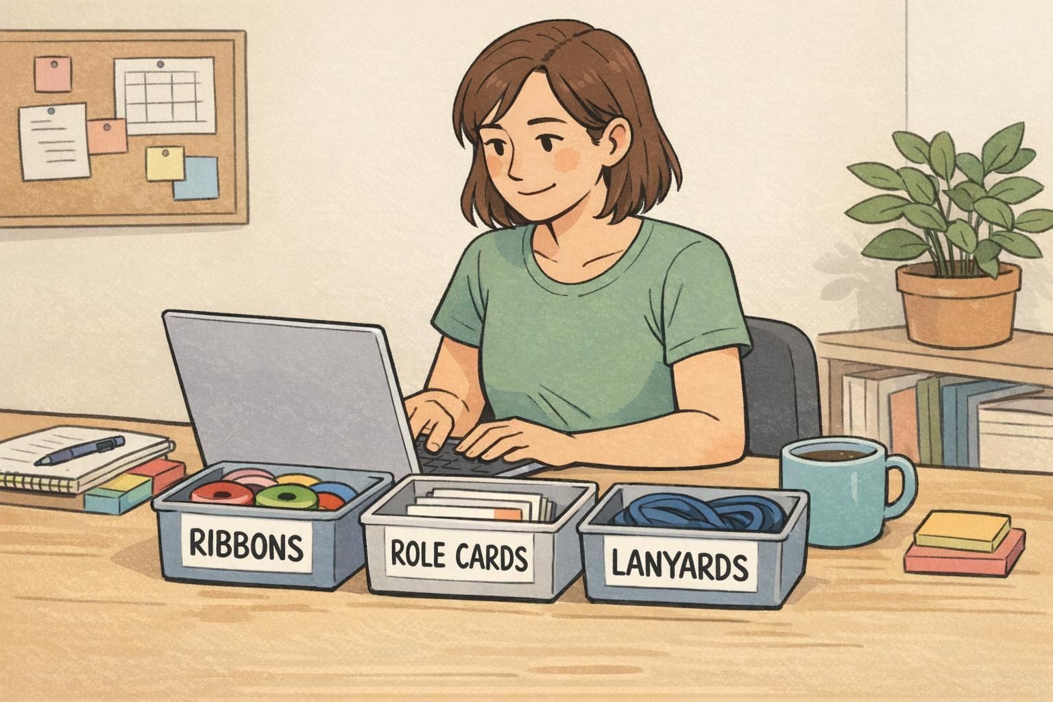Event organizer sorting supplies at a planning desk with labeled bins for RIBBONS, ROLE CARDS, and LANYARDS to prepare distribution.