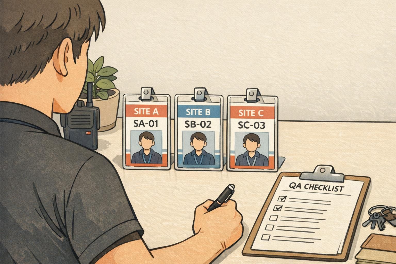 Security coordinator audits three sample employee ID cards side-by-side to verify consistent branding and correct site codes.