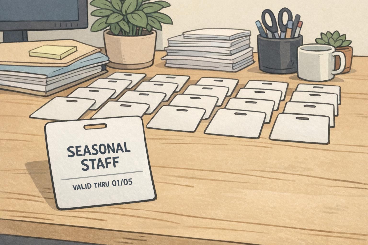 Rows of seasonal staff badges laid out for onboarding, each plastic card showing a clear valid-through date in the foreground.