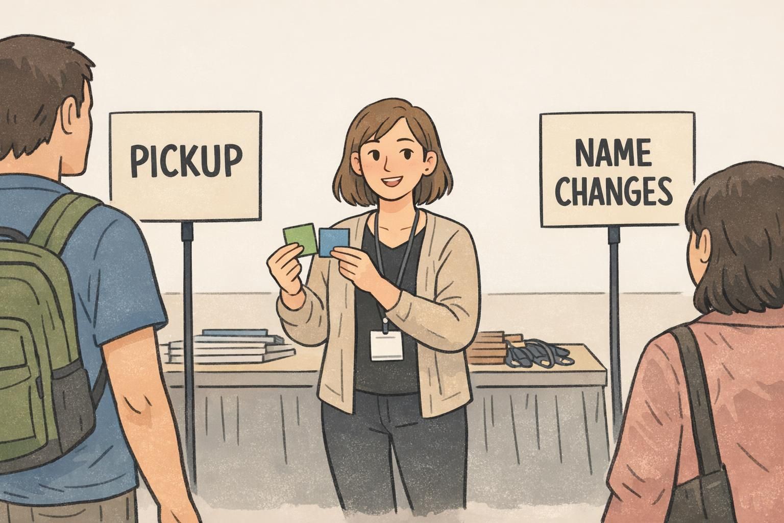 Greeter directing attendees between pickup and name changes to route anyone needing a last minute badge change without slowing check-in.