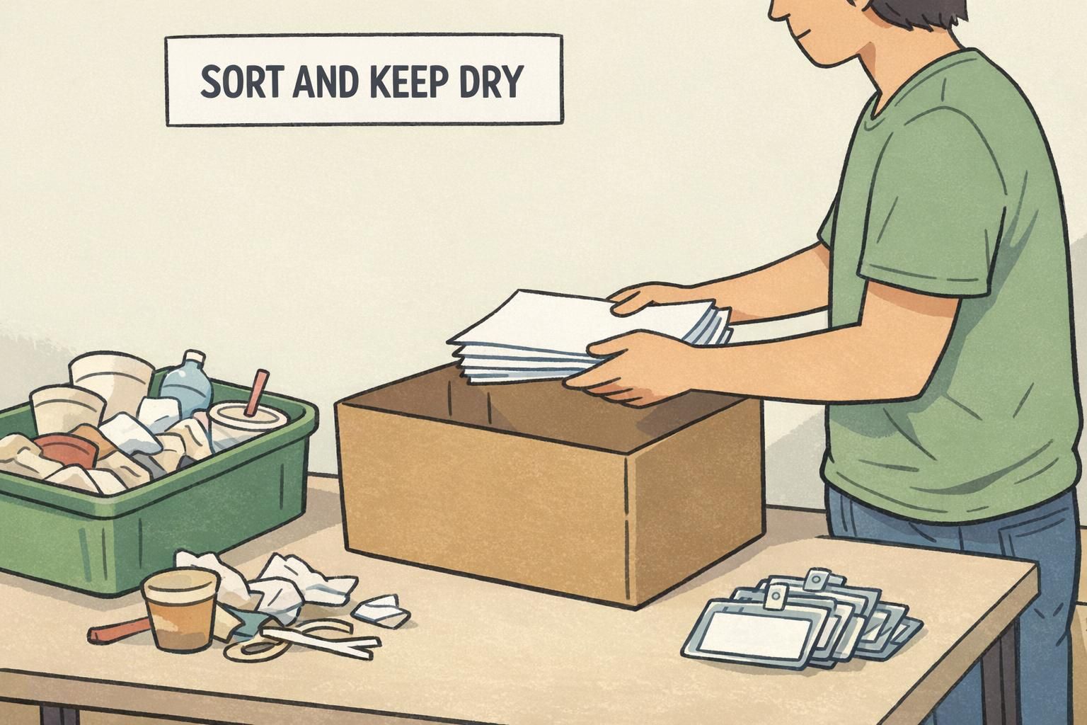A volunteer separates clean paper from plastics to recycle badge holders properly, keeping plastic pieces dry to avoid contamination.