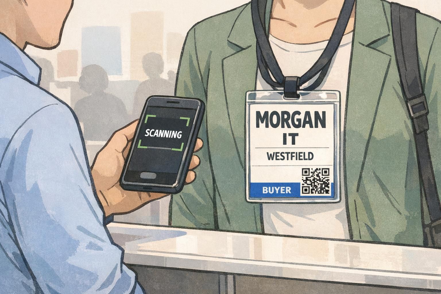 An exhibitor scanning a trade show badge QR code with a smartphone while the attendee’s name and role remain easy to read on the badge.