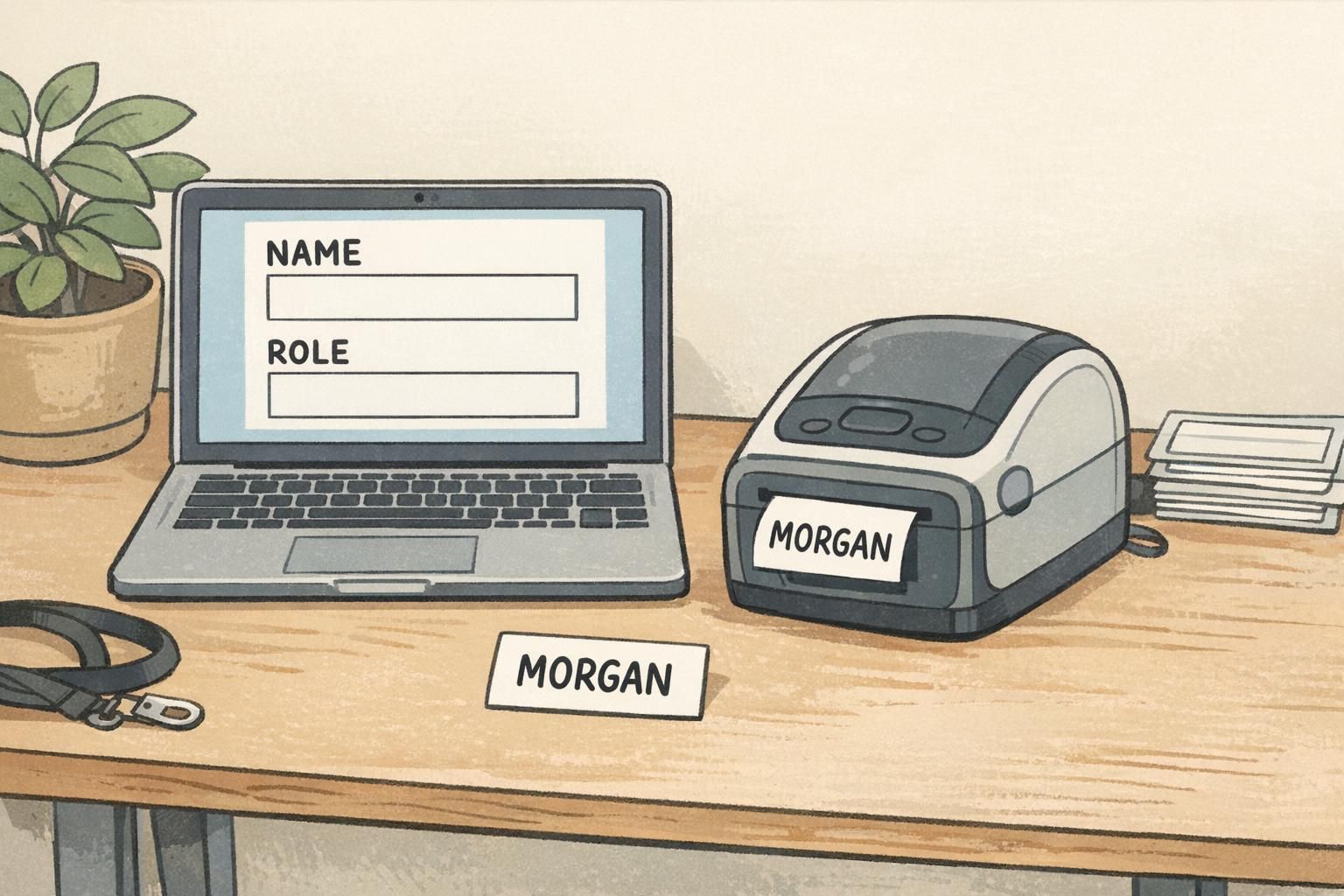 Compact badge station with a laptop form and a small label printer producing a name label, illustrating a quick ID solution for fast check-in.