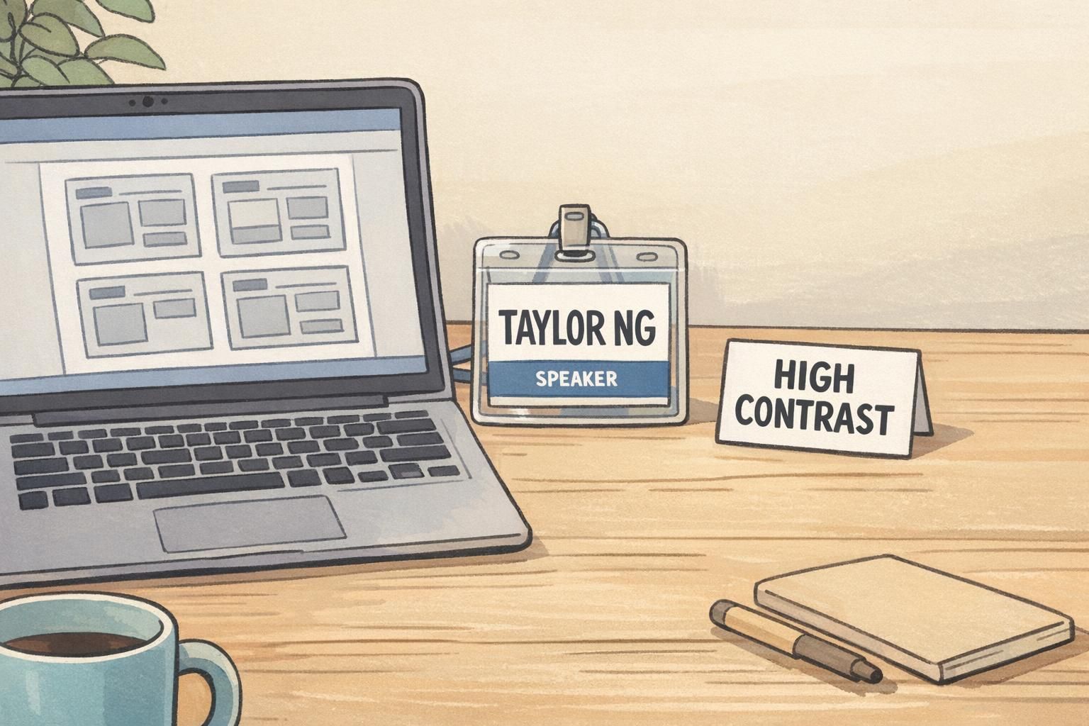 Desktop review of a badge layout grid next to a printed badge in a clear holder, showing a strong high-contrast name line and compact category label.