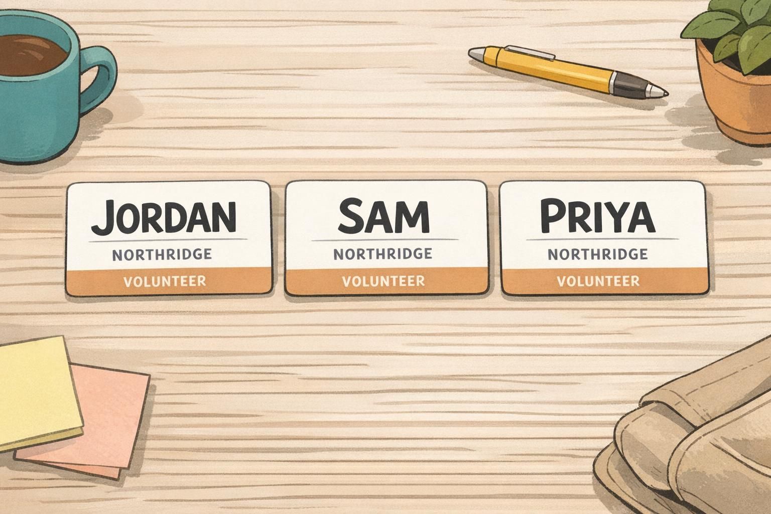 Three large name badge examples laid side-by-side showing a dominant first-name line and smaller organization and role lines.