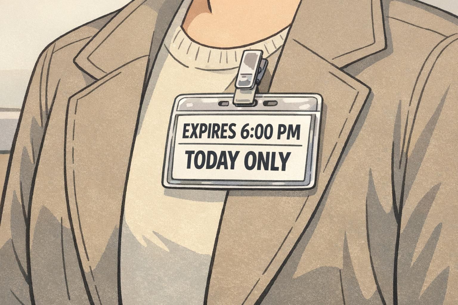 Close-up of a temporary visitor badge in a clear holder clipped to a jacket showing a bold expiration time and a 'TODAY ONLY' notice.