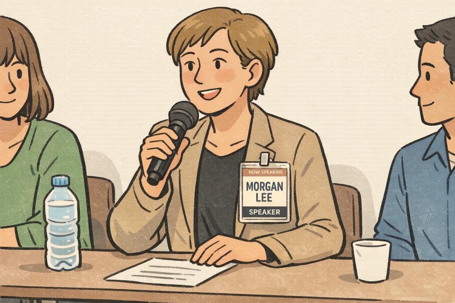 Panelist holding a microphone while a visible speaker badge displays a clear 'now speaking' status bar during a discussion.