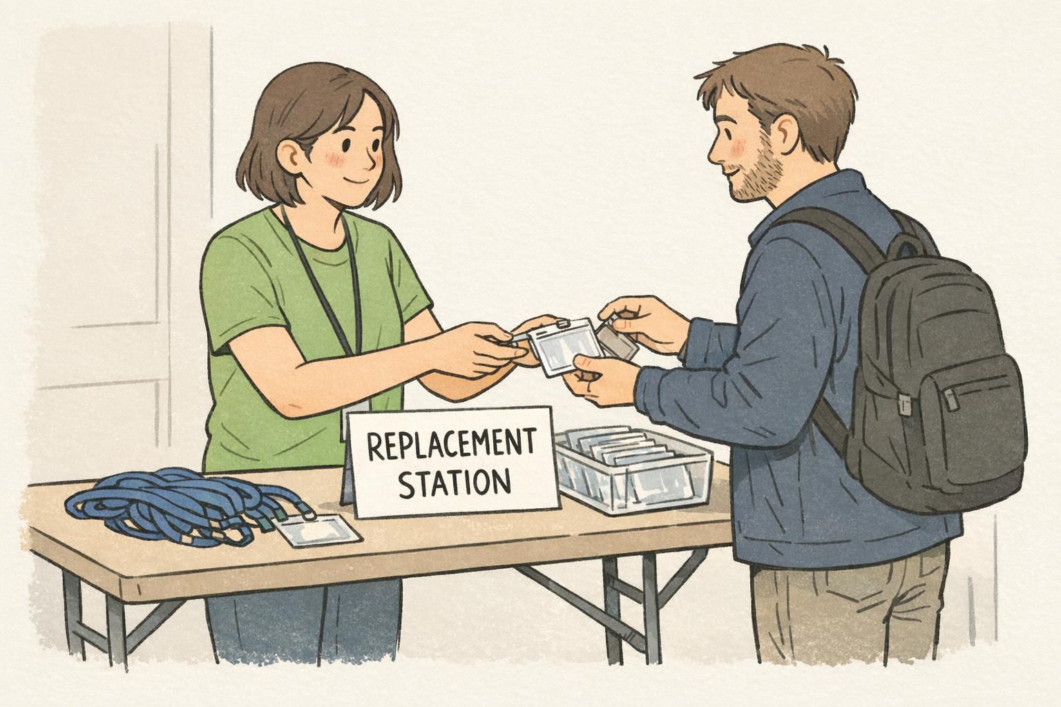 On-site replacement table where staff swap damaged holders and provide spare lanyards, with a clear replacement sign and supplies for quick badge repairs.