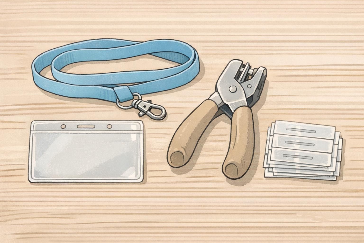 Close-up tabletop arrangement of badge care items: a clear horizontal holder, swivel-hook lanyard, slot punch, and reinforcement strips to improve multi day conference badge longevity.