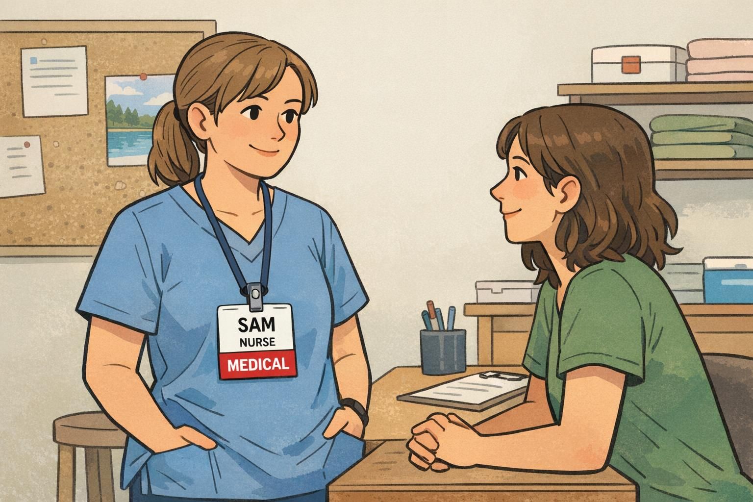 Camp nurse wearing an ID badge with a rigid red badge buddy labeled MEDICAL for quick role recognition during a calm office conversation.