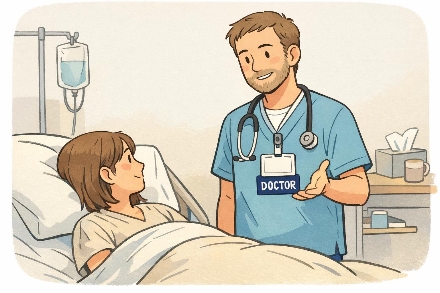Clinician at a bedside introducing themselves, wearing a rigid badge buddy behind an ID badge that clearly reads the role to improve patient recognition.