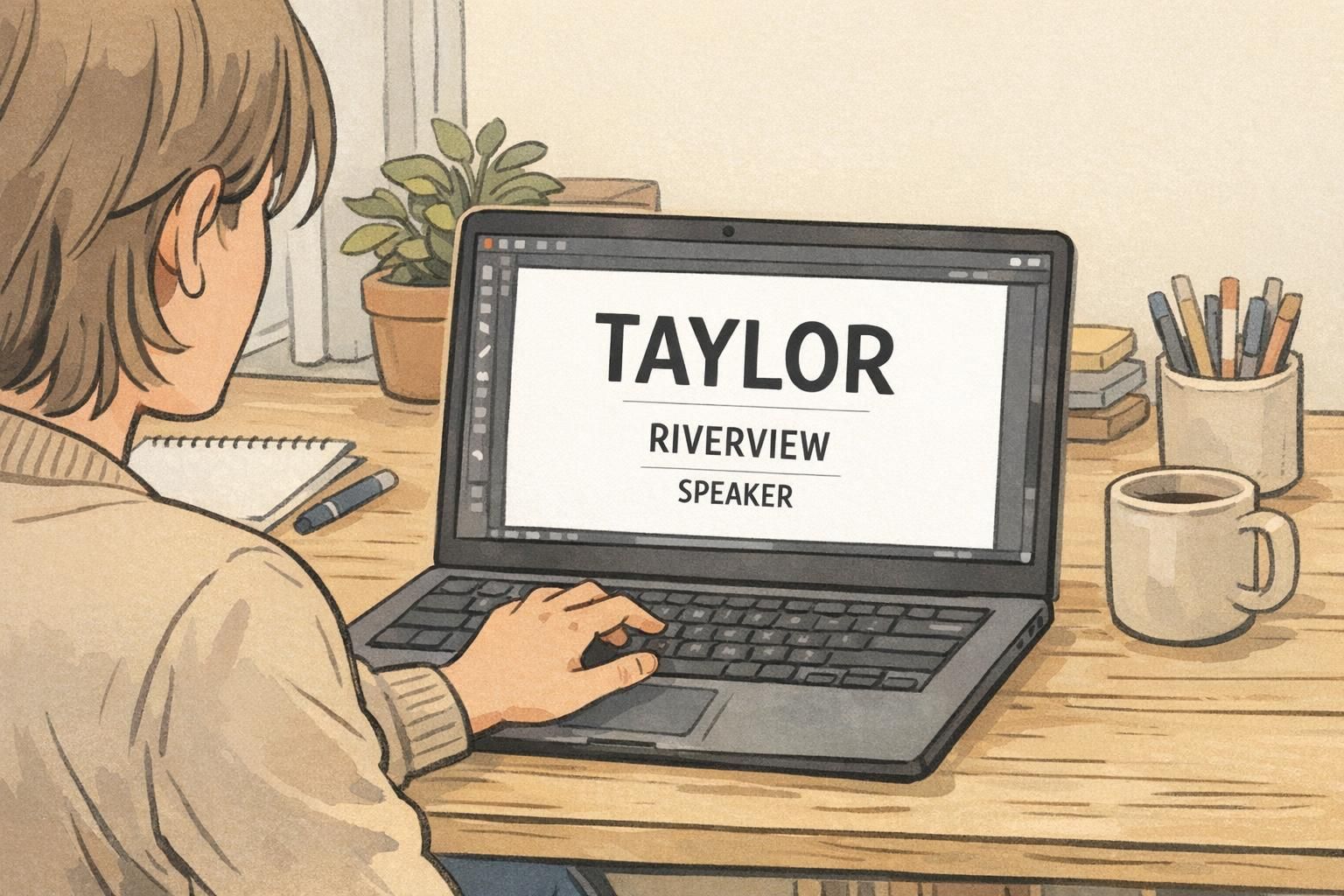 Organizer editing a name tag design mockup on a laptop screen with a prominent first-name line and smaller organization and role lines.