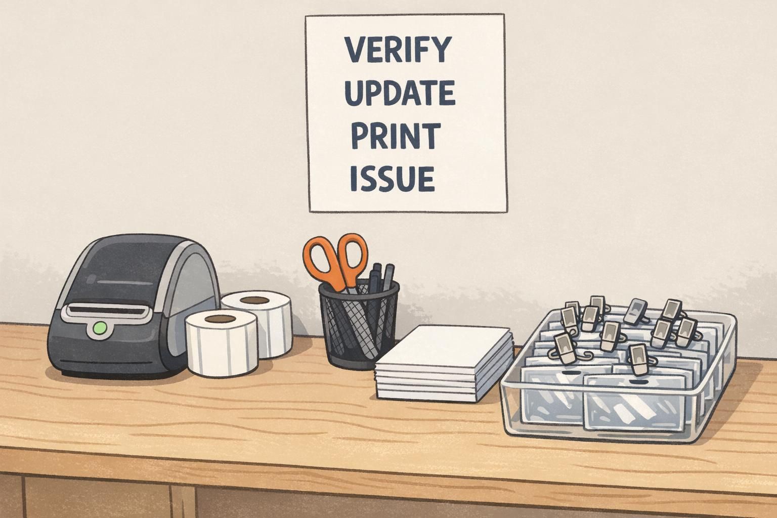 Organized help-desk workstation with a label printer, blank badge inserts, and a verify-update-print-issue checklist to support accurate event badge reprint.