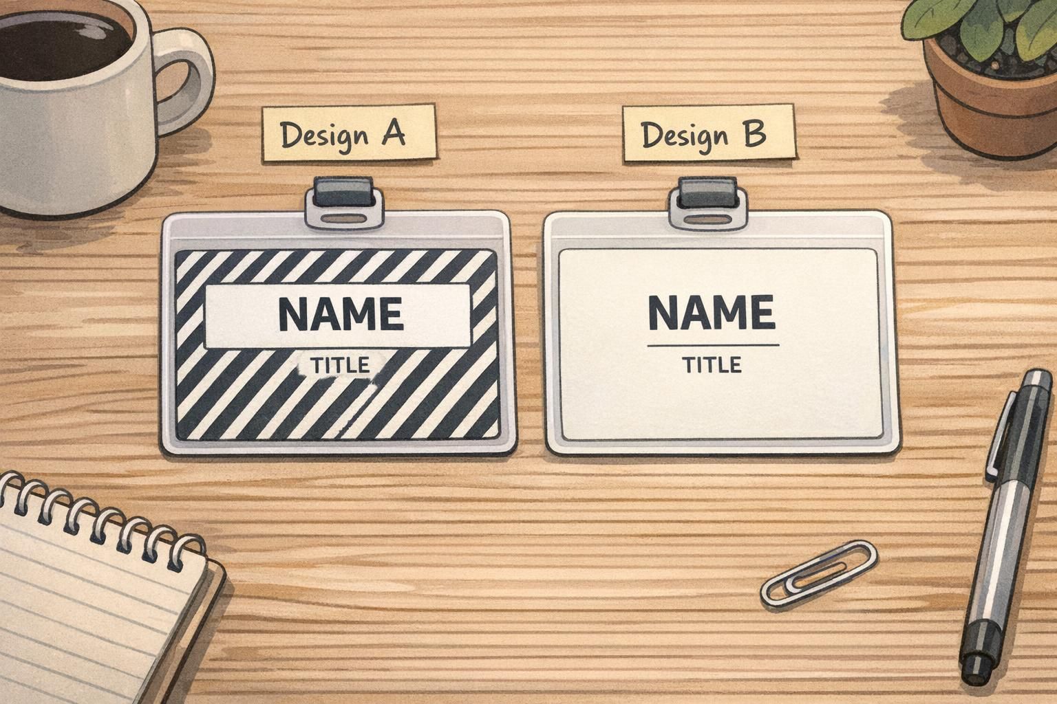 Side-by-side tabletop comparison of a striped, high-contrast badge background and a calm solid background to show readable badge design differences.