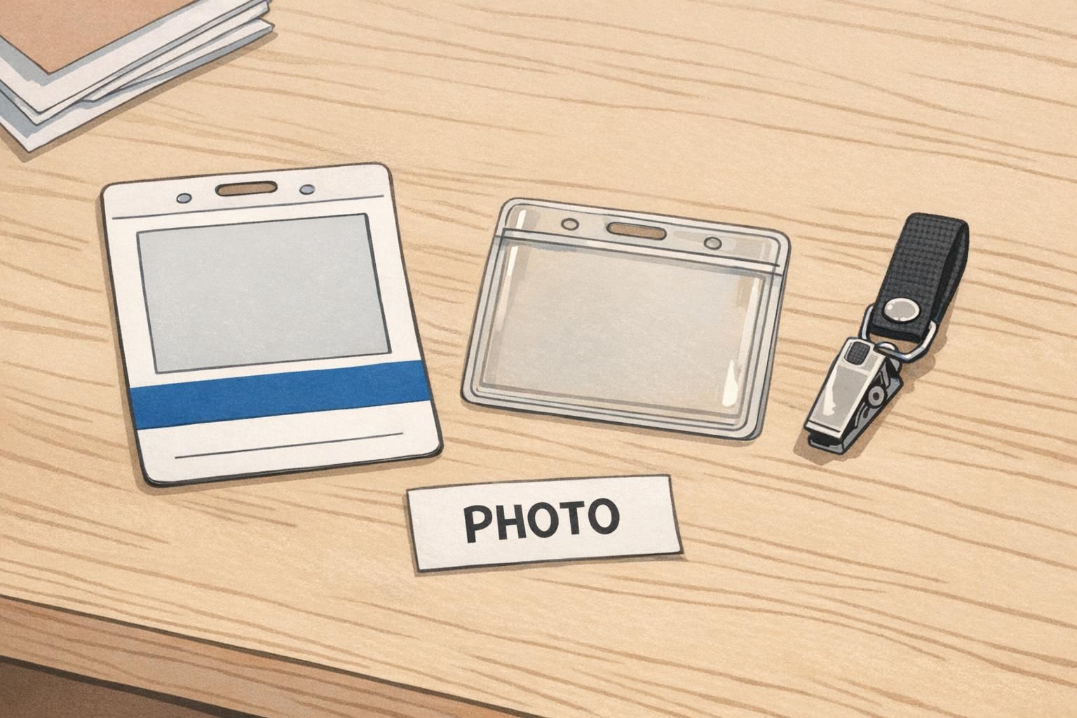 Close-up tabletop view of a student badge layout proof showing a large photo area, bold name line, and a rigid clear holder with a sturdy clip.