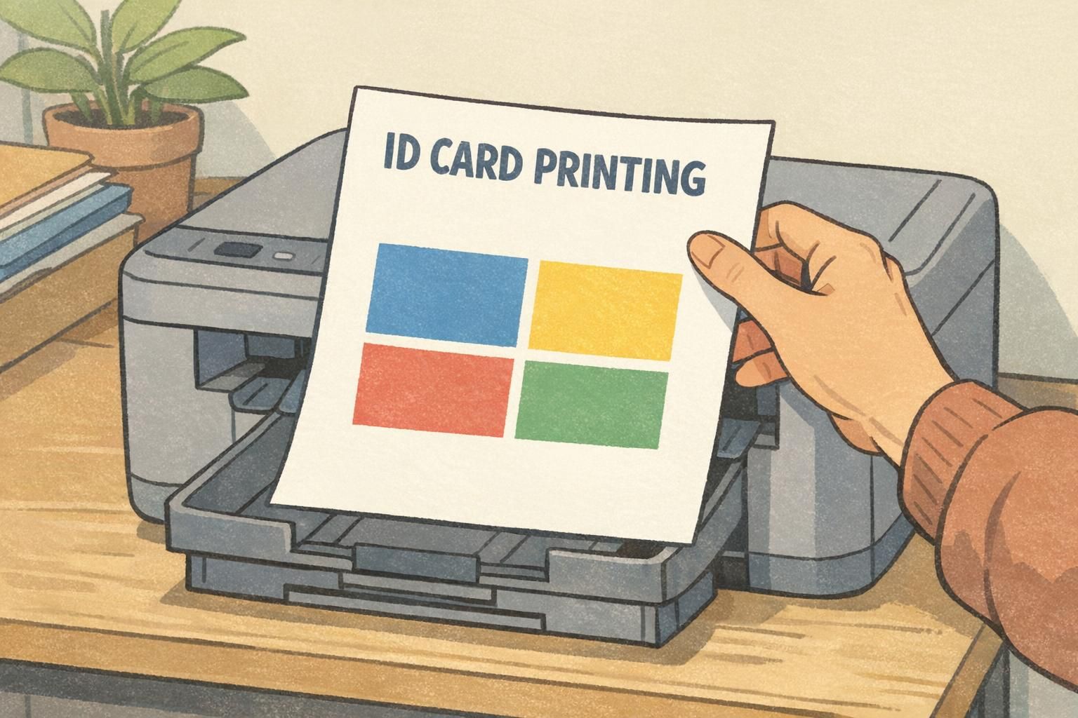 Office printer output tray with an ID card printing color test sheet being lifted to inspect color accuracy and saturation.