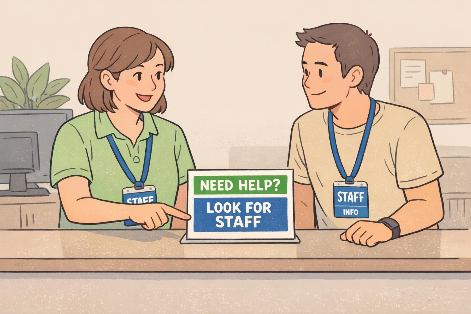 Info desk staff member wearing an event staff badge with clear 'STAFF' role text while pointing to a simple color legend sign that aids wayfinding.