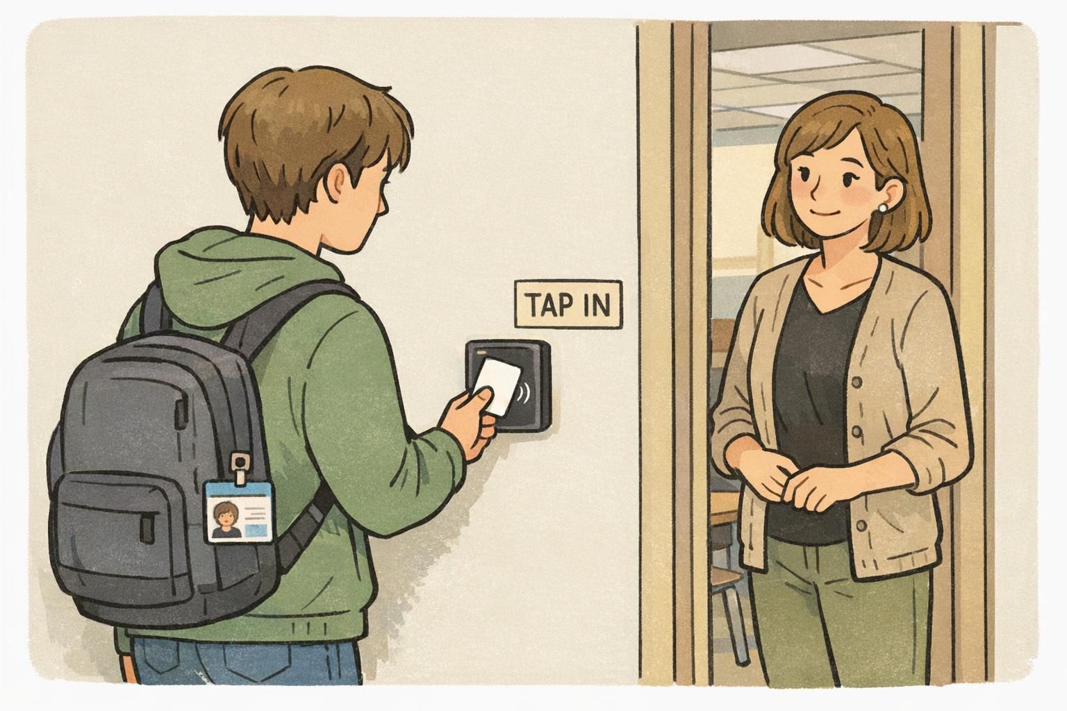 A student taps an RFID school ID card at a small wall-mounted reader by a classroom doorway while a teacher supervises nearby.