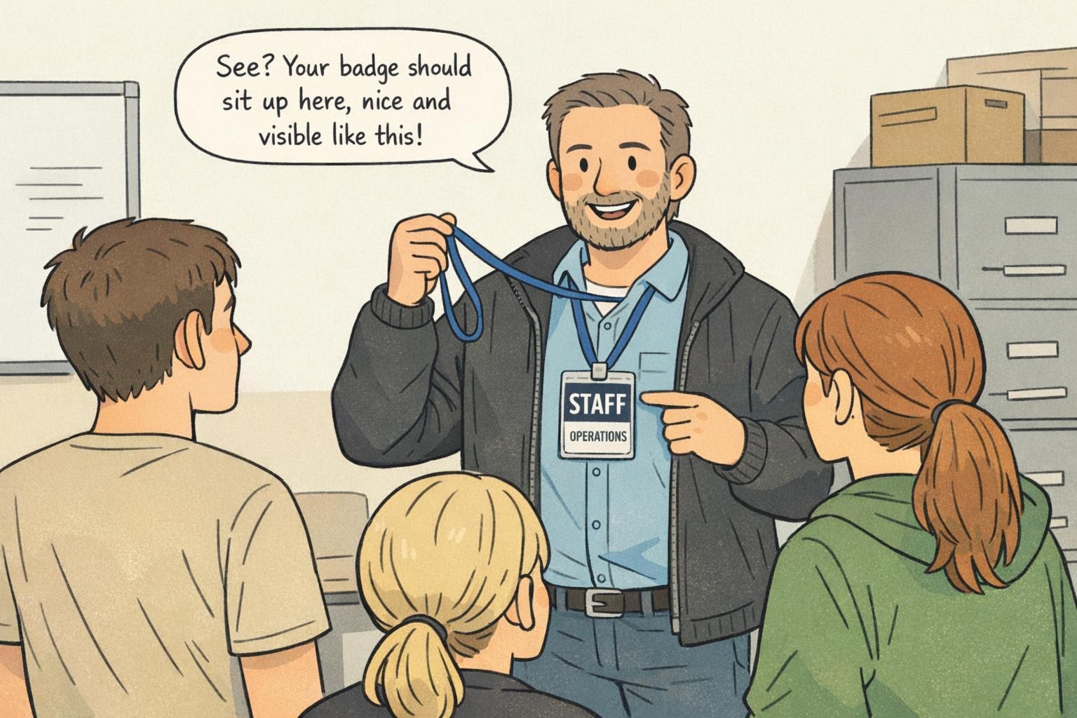 Supervisor demonstrating proper high-chest wear position with a lanyard so the event staff badge labeled 'STAFF' and 'OPERATIONS' remains visible and readable.