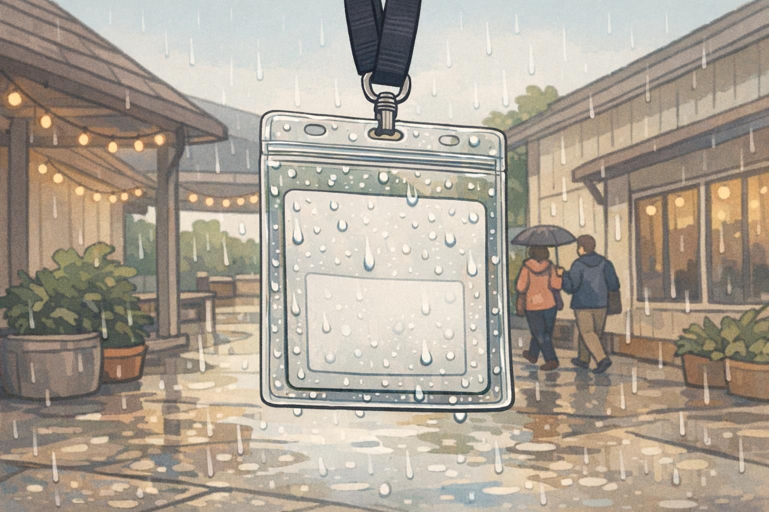 Attendee walking between venue buildings in light rain with a zip-seal badge holder protecting the insert from moisture so information stays flat and scannable.