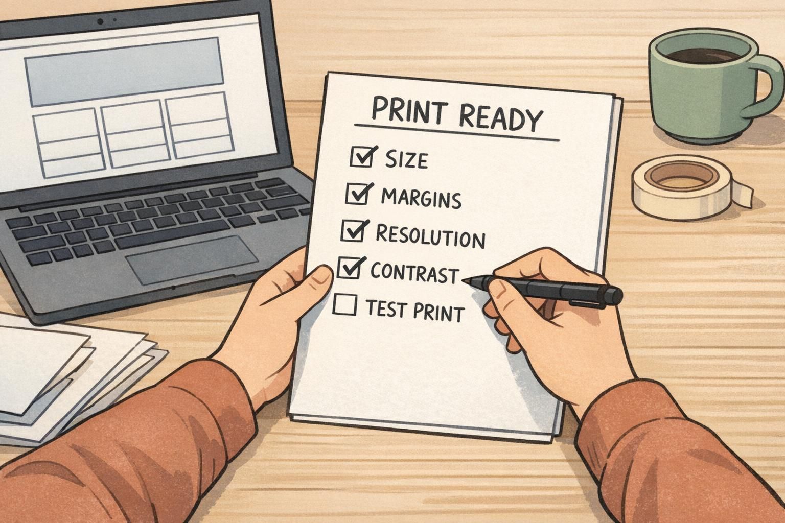 Print-ready checklist page with boxes for size, margins, resolution, contrast, and test print to prepare badges for printing.