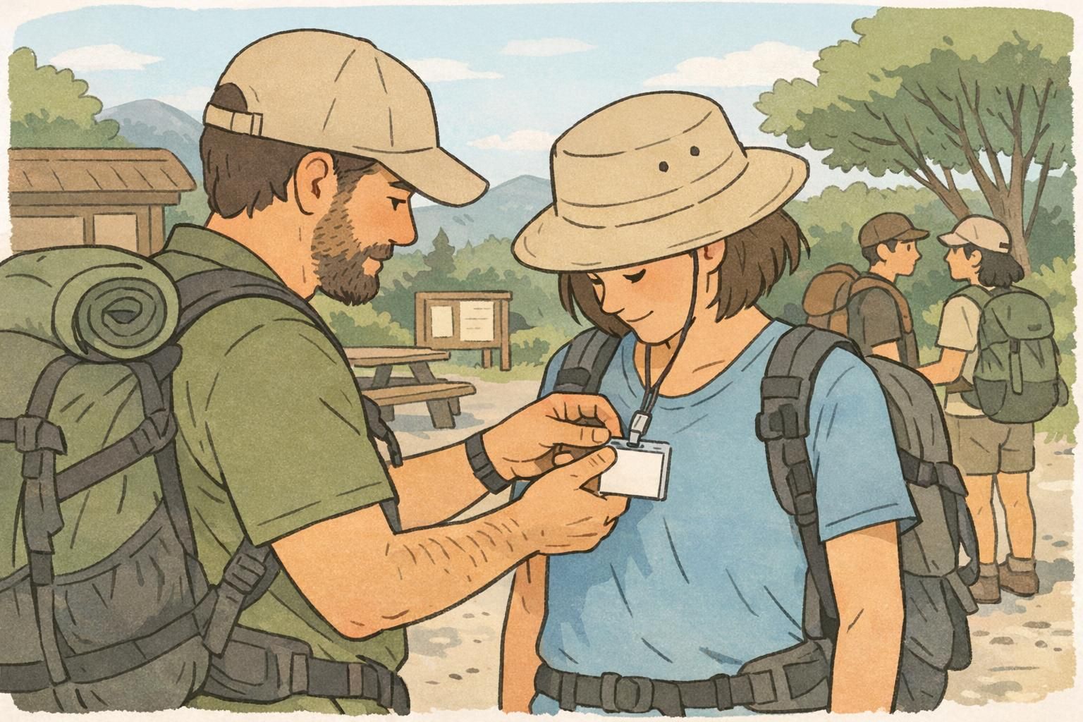 Adult leader checks a participant’s clip-on badge for security before a hike, demonstrating safe youth event IDs and secure attachment.