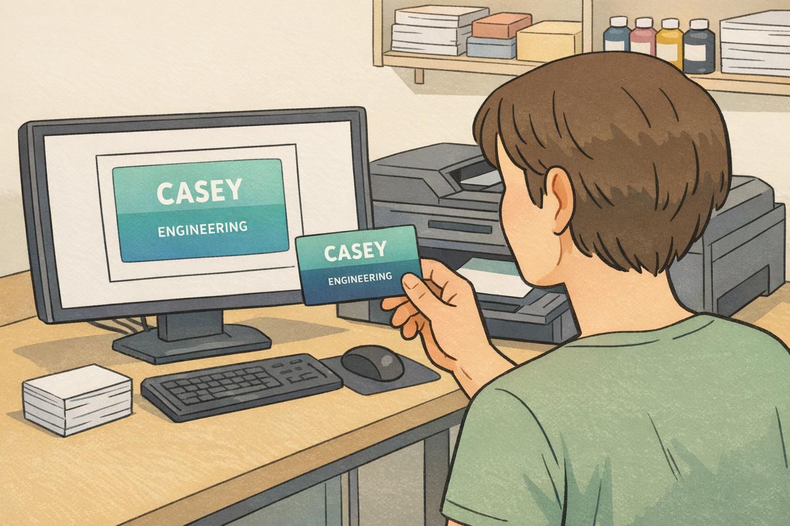 Person comparing an on-screen preview to a freshly printed ID card where a mid-tone gradient printed darker—an example of common ID layout mistakes in production.
