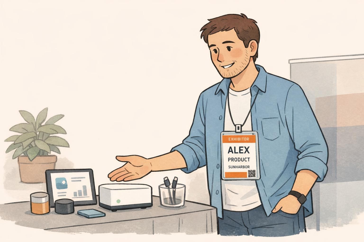 A booth staff member wearing an exhibitor badge in a clear vertical holder with a prominent first name, role, company, a labeled color bar, and a small QR code.